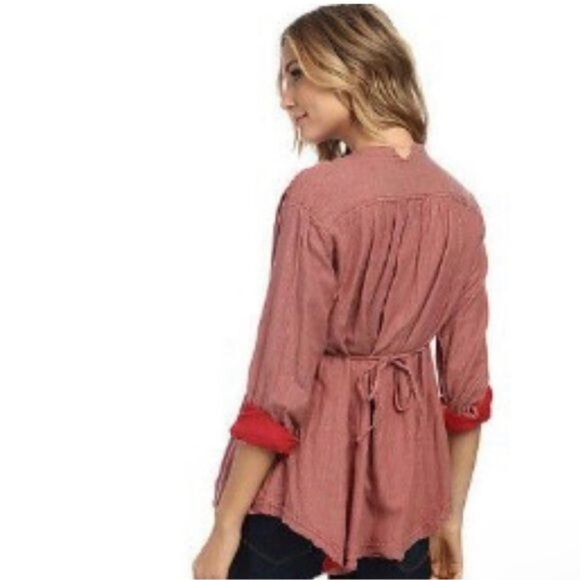Free People Deep V-Neck Empire Waist Micro Striped Casual Baby Doll Top - Picture 5 of 11